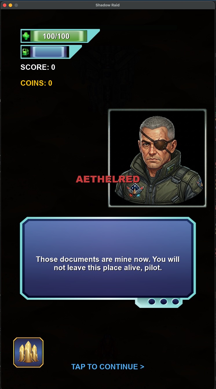 AETHELRED boss intro dialogue — a one-eyed veteran in a military jacket