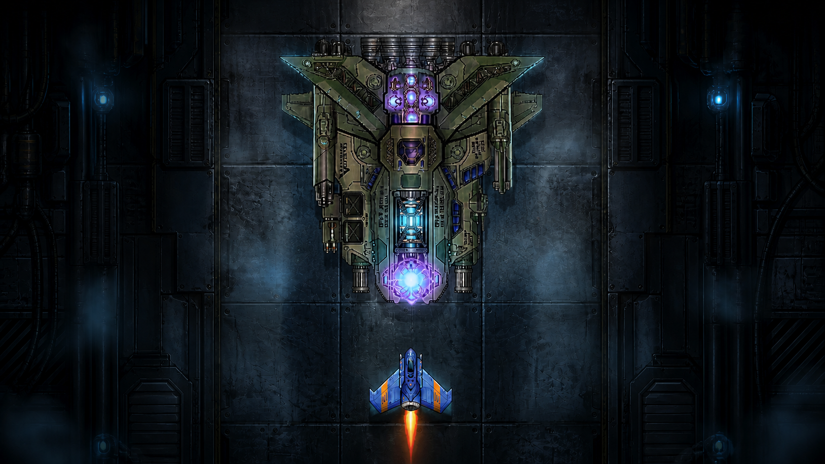 Promotional artwork showing the blue T1 player ship confronting the Act 1 mechanical boss inside an industrial base in Shadow Raid.